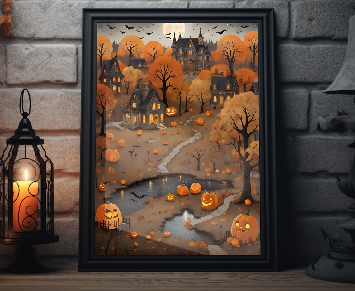 Vintage Halloween Folk Art Pumpkin and Bat Poster