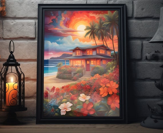 Hawaii Starry Sunset Matte Wall Art Hawaiian Beach Artwork Coastal Island Print Hawaii Painting Hawaiian Decor Hawaii Folk Art Poster
