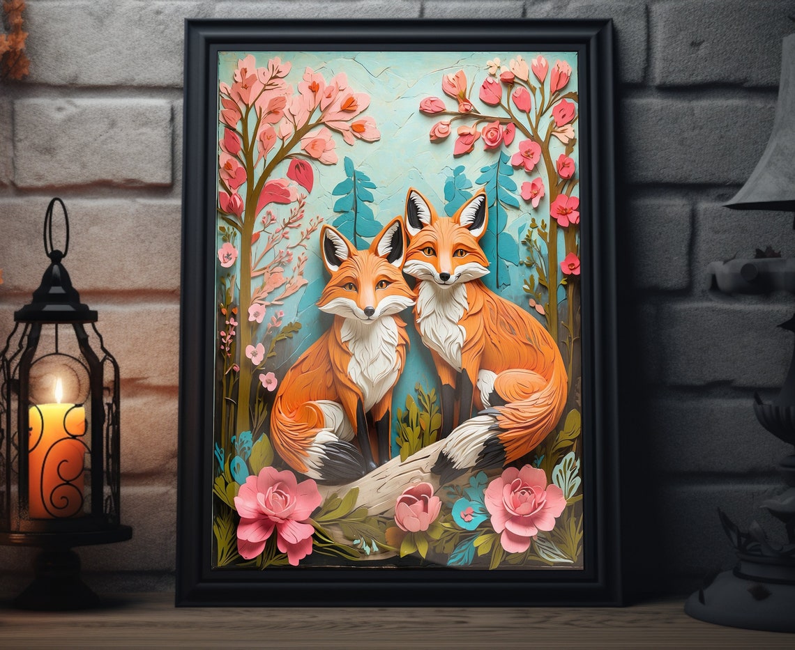 Easter Foxes Folk Art, Spring Painting
