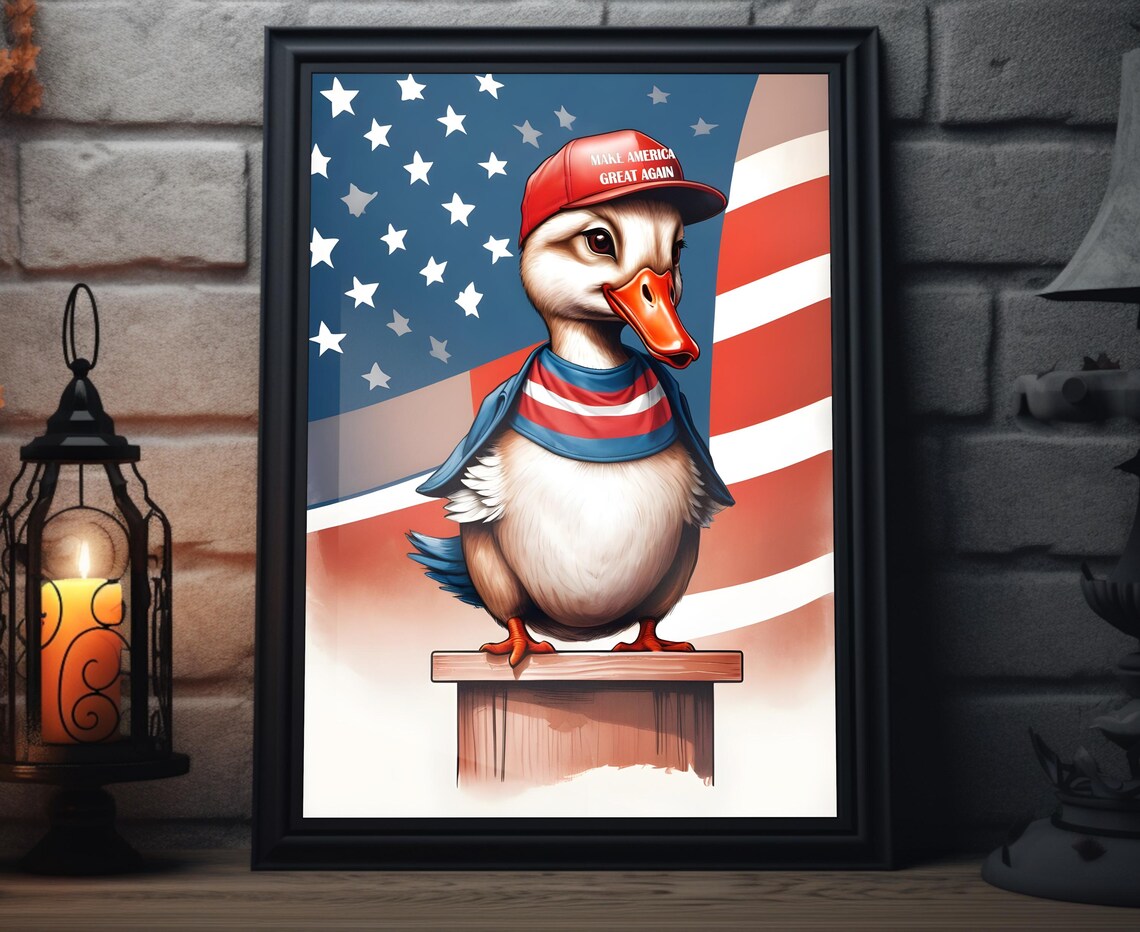 MAGA Duck Caricature Red Hat American Flag Humorous Animal Wall Poster