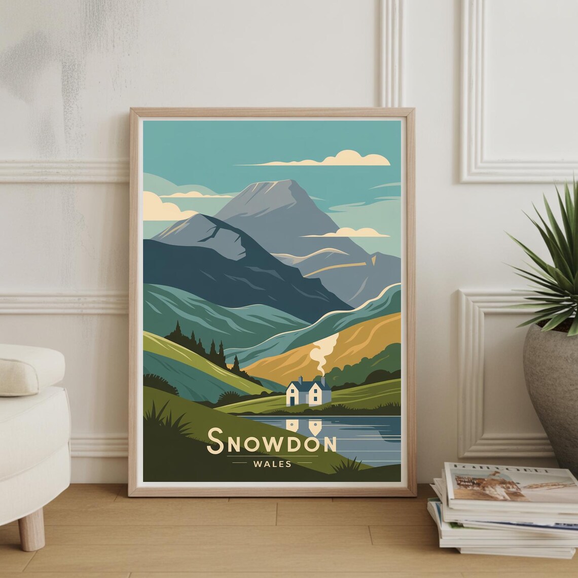 Snowdon Wales Mountain Lake Cottage Scenic Vintage Travel Poster