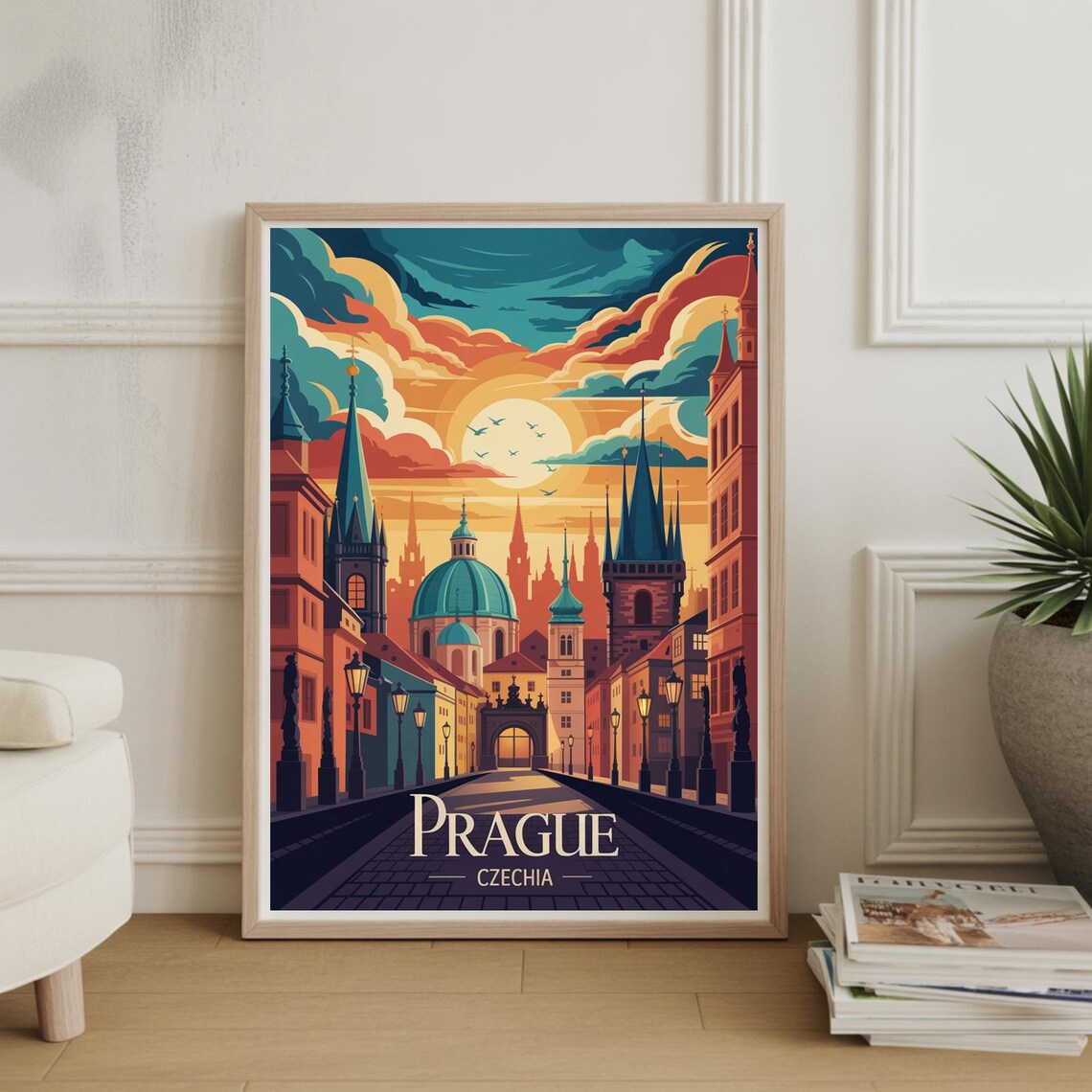 Prague Czechia Old Town Sunset Dramatic Skyline Travel Poster