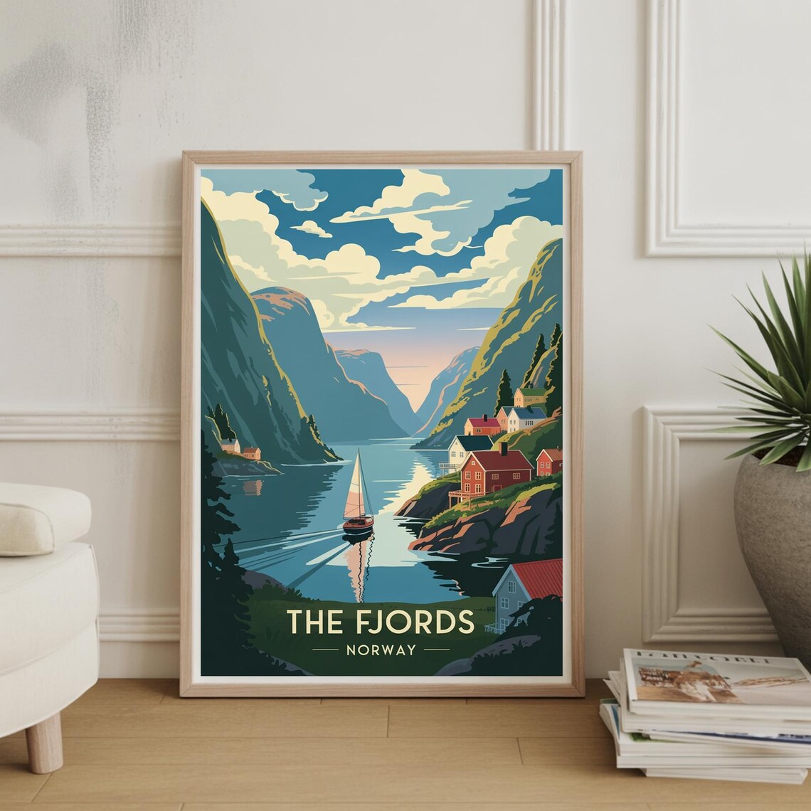 The Fjords Norway Sailboat Red Cabins Vintage Scenic Travel Poster