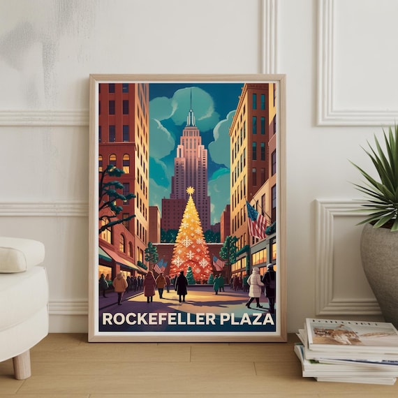 Rockefeller Plaza Christmas Tree New York Retro Holiday Poster