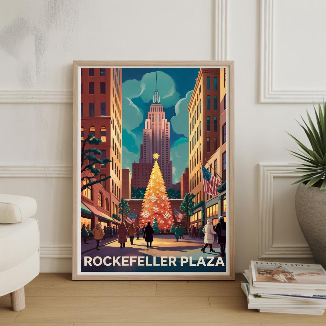 Rockefeller Plaza Christmas Tree New York Retro Holiday Poster