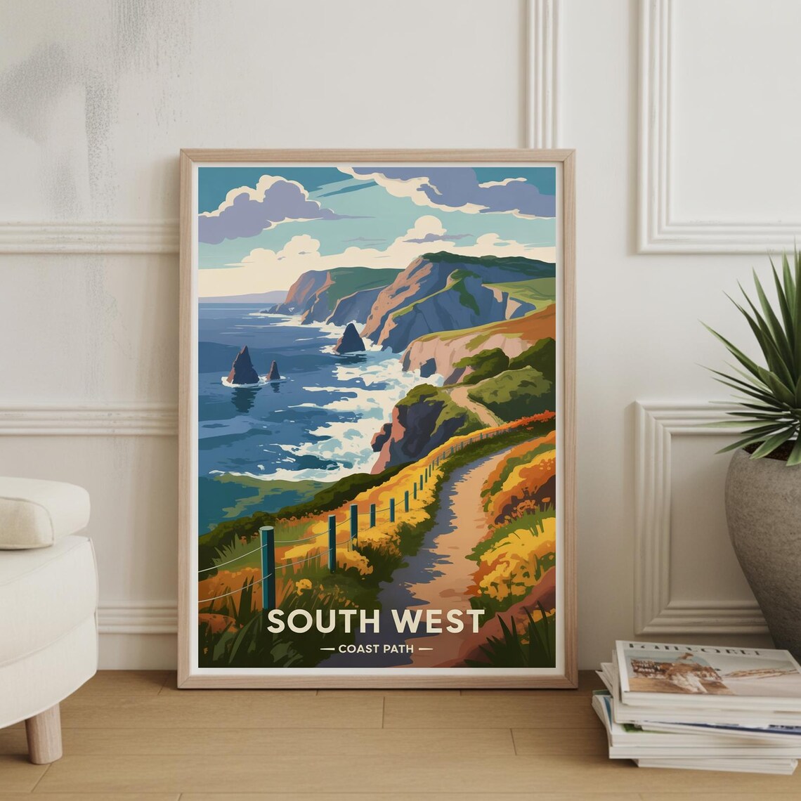 South West Coast Path England Cliffs Hiking Trail Vintage Travel Poster