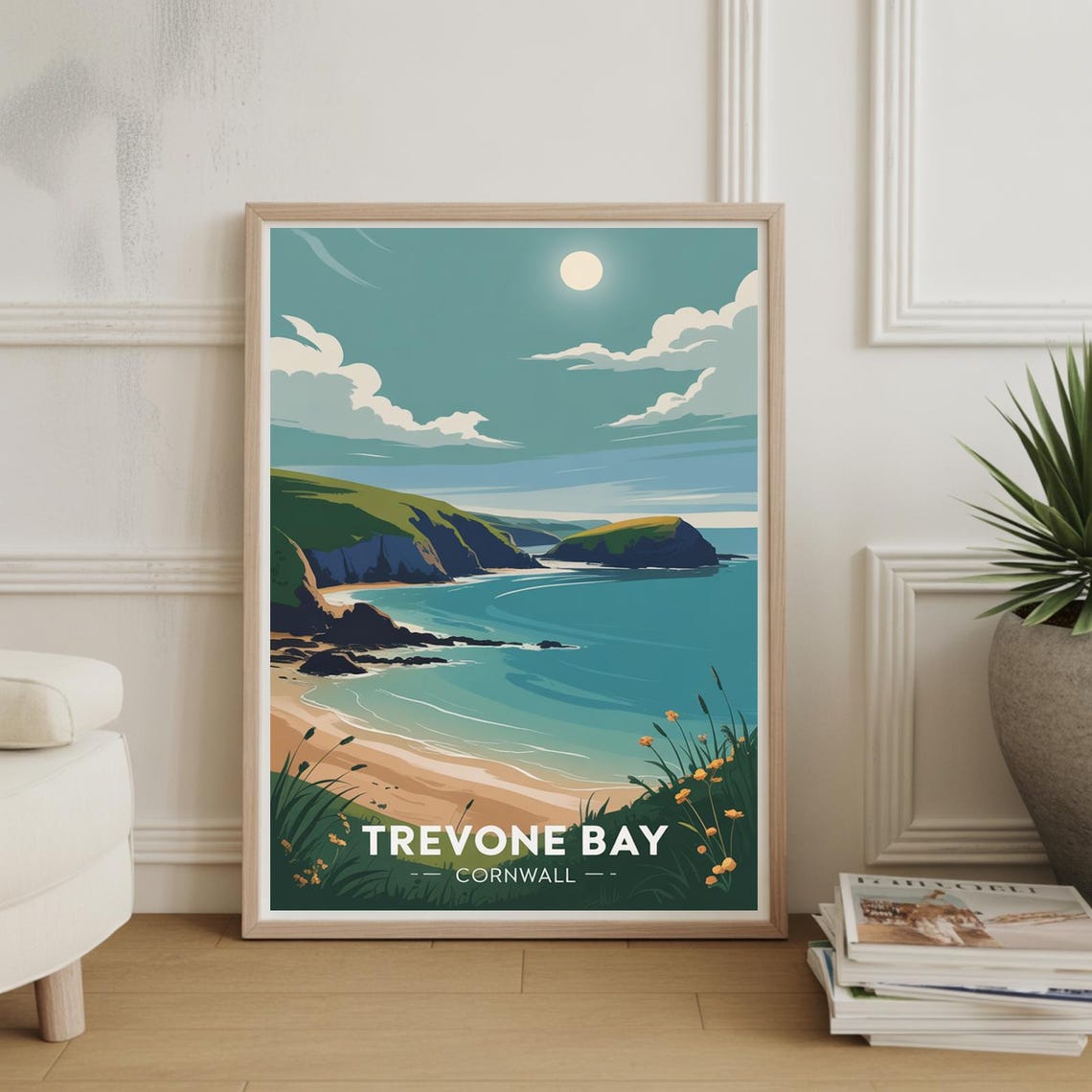 Trevone Bay Cornwall Sandy Beach Cliffs Blue Sea Travel Poster