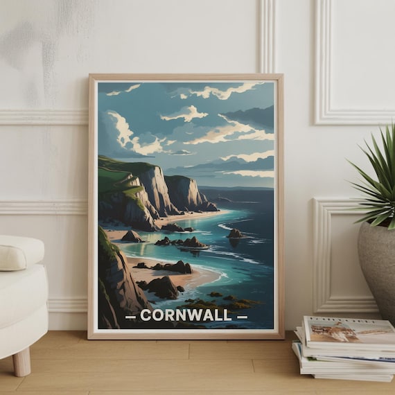 Cornwall Coastal Cliffs Beach Cove Vintage Style Travel Poster