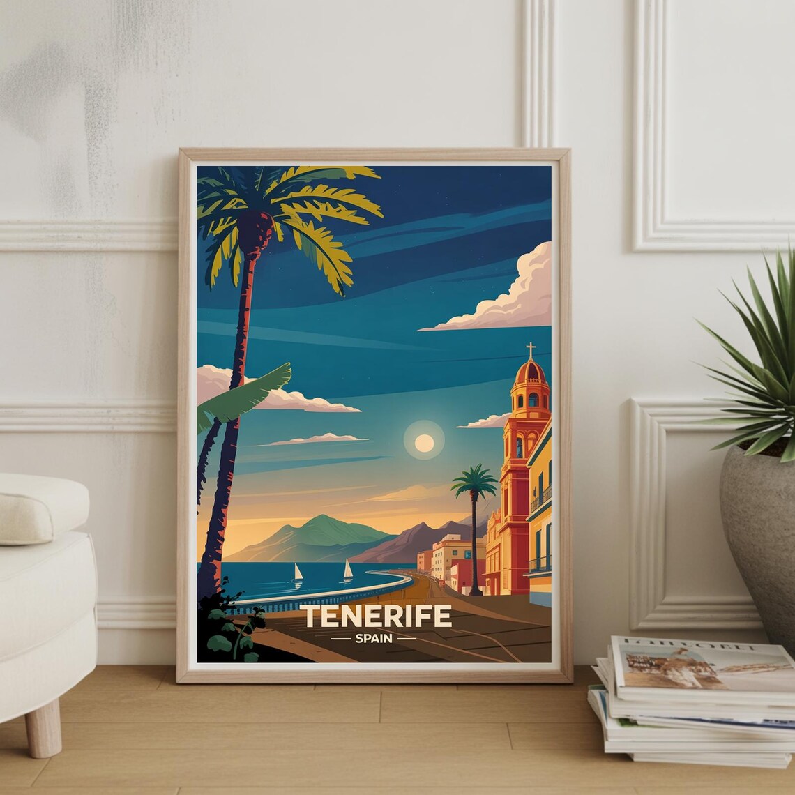 Tenerife Spain Palm Beach Church Sunset Vintage Travel Poster