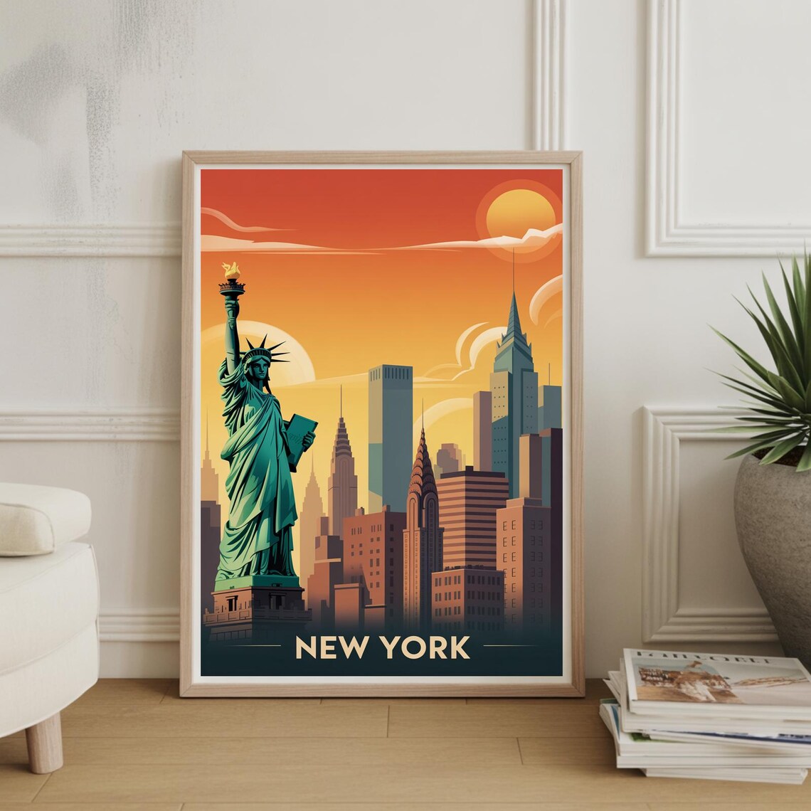 New York City Sunset Skyline Statue Of Liberty Travel Poster