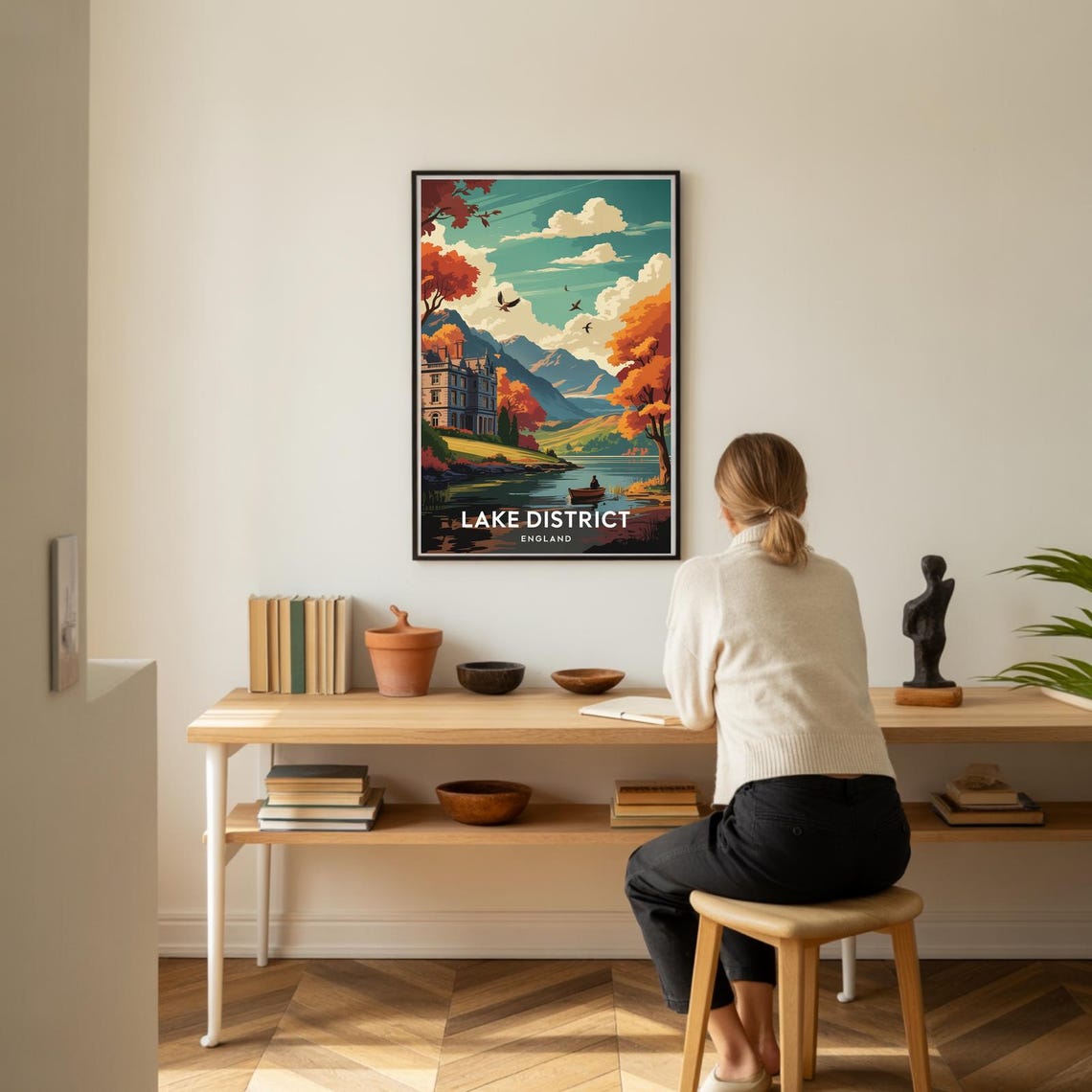 Vintage Lake District England Autumn Lakeside Manor Travel Poster