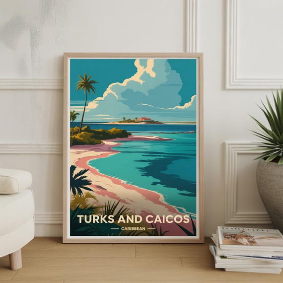 Turks And Caicos Travel Poster Caribbean Island Wall Art Beach Scene Artwork Home Decor Gift For Travelers
