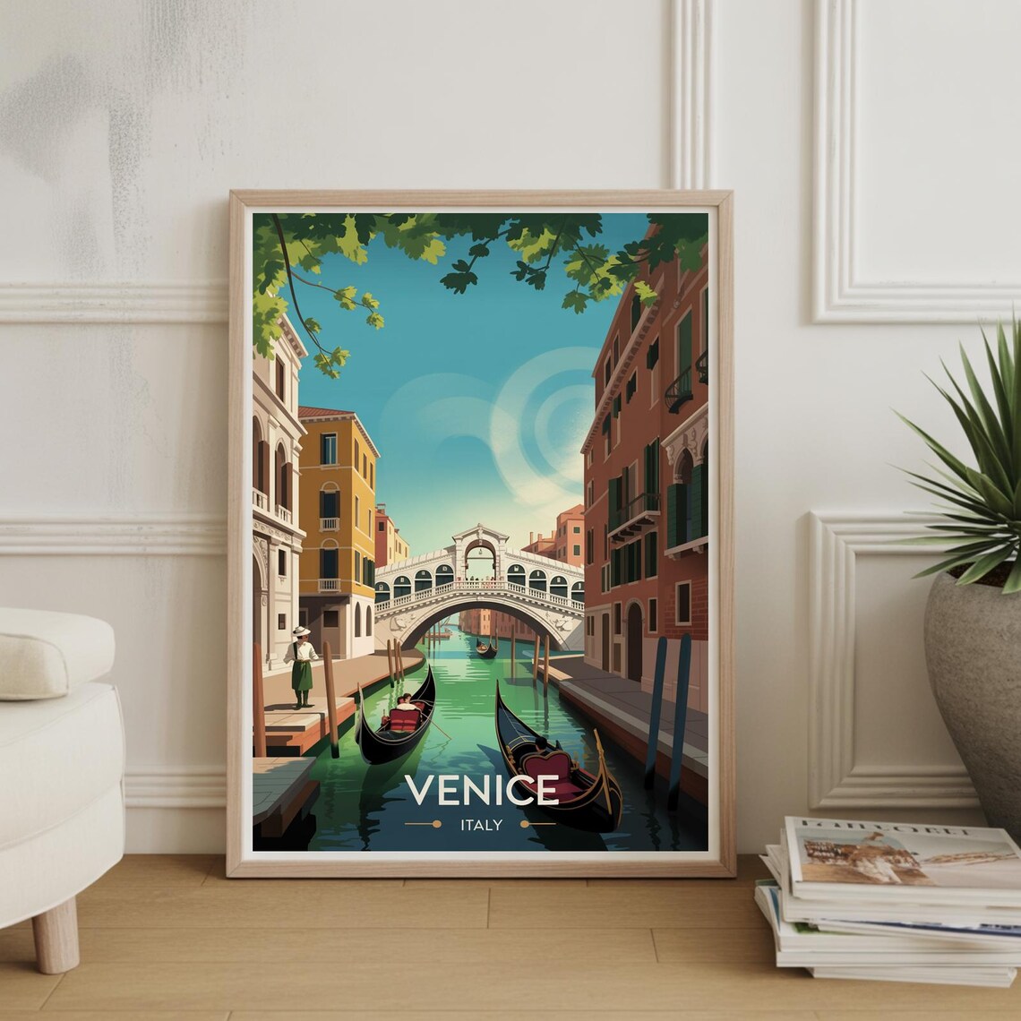 Venice Italy Rialto Bridge Gondolas Canal Retro Travel Poster
