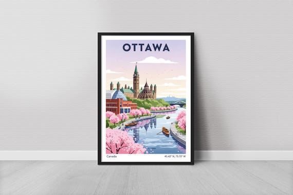 Ottawa Art Print Minimalist Travel Pink Cherry Blossom Ride Mixed Media