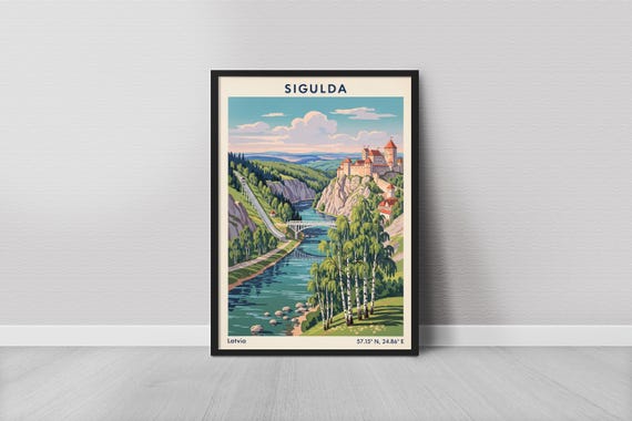 Sigulda Art Print Vintage Travel Blue Water And Green Landscape
