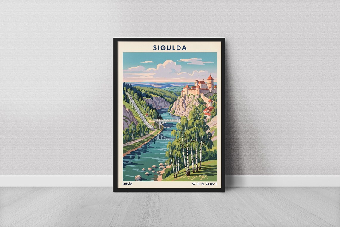 Sigulda Latvia Vintage Travel Castle River Valley Landscape Poster