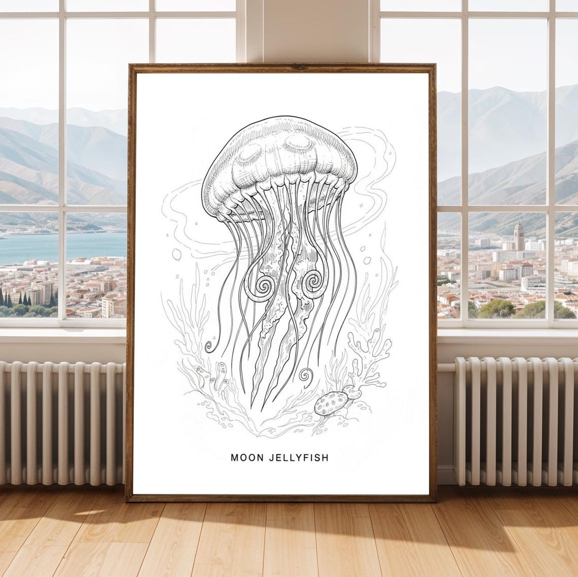 Moon Jellyfish Line Art Print Black And White Ink Illustration