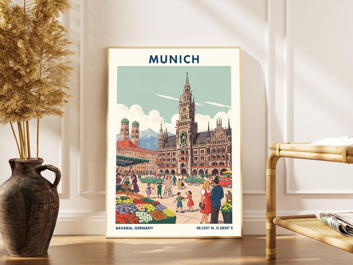 Munich Germany Vintage Travel Poster with Marienplatz Square View