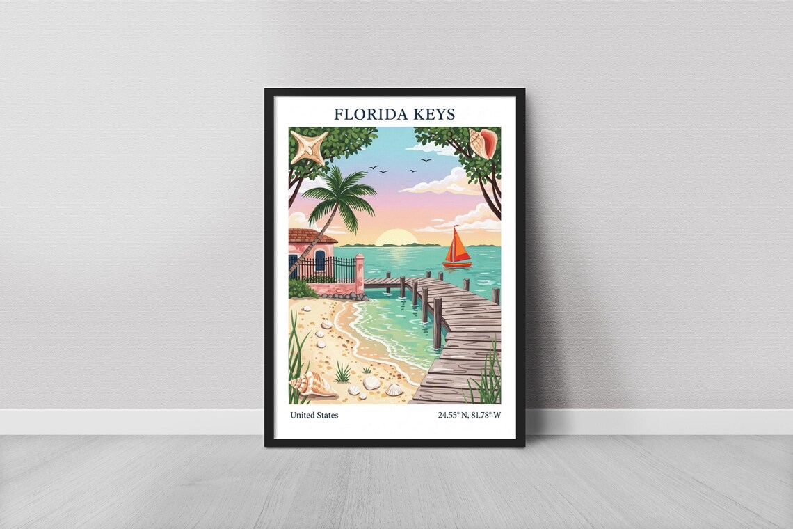 Florida Keys USA Travel Poster Sunset Pier Sailboat Palm Beach