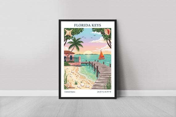 Florida Keys Art Print Minimalist Beach Scene With Sunset Teal Water And Slboat