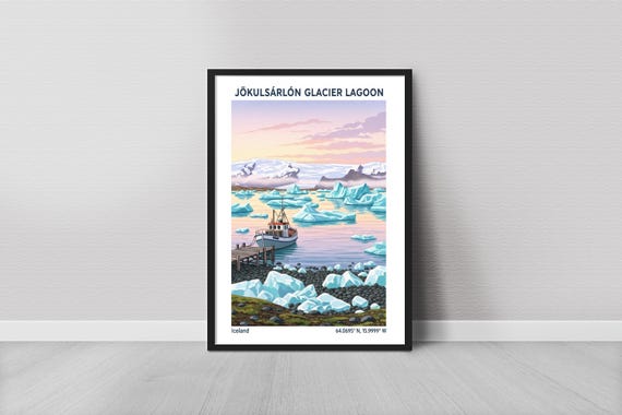 Jkulsrln Glacier Lagoon Art Print Minimalist Ice Blue And Pink Sunrise