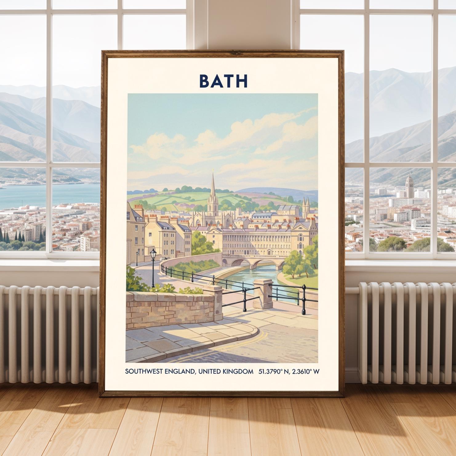 Bath England Riverfront Georgian Cityscape Historic Travel Poster