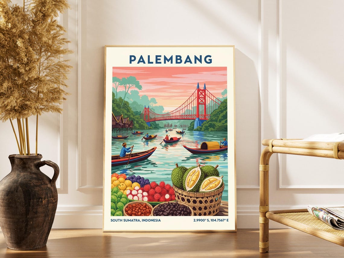 Palembang Indonesia Red Ampera Bridge River Boats Fruit Poster