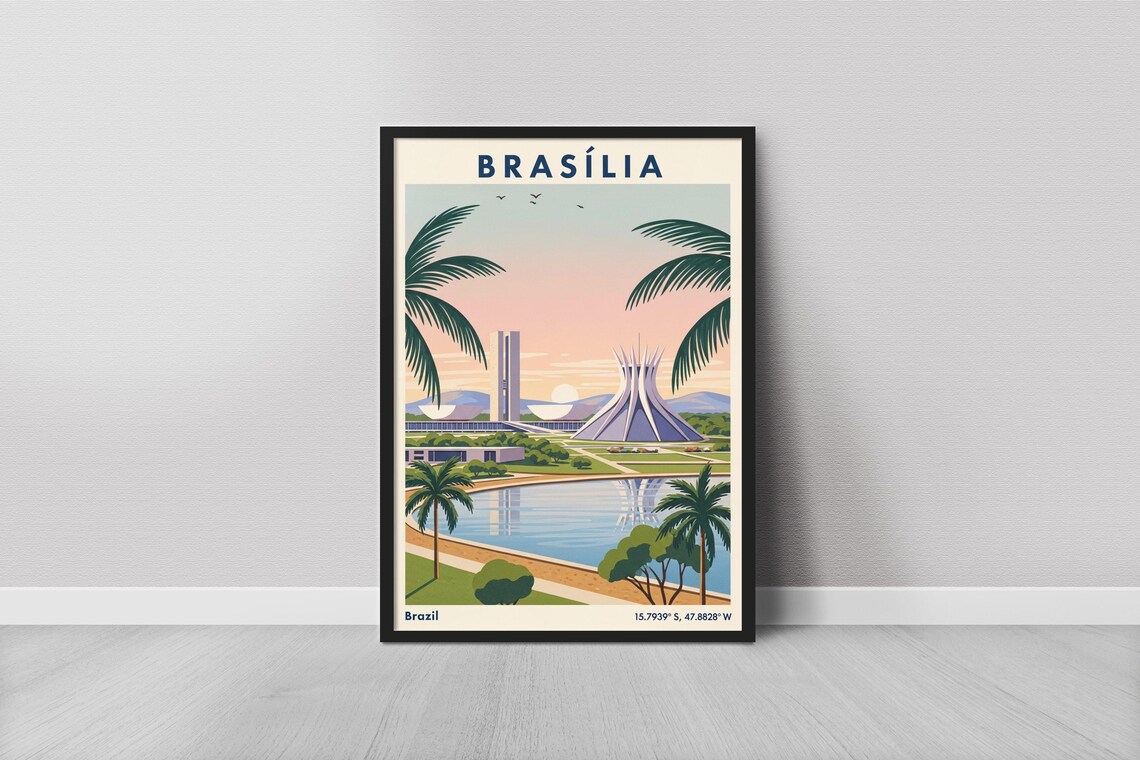 Brasilia Brazil Modernist Cathedral Sunset Vintage Travel Poster