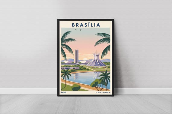 Brasilia Art Print Minimalist Pink Sky And Green Palms Modern Cityscape