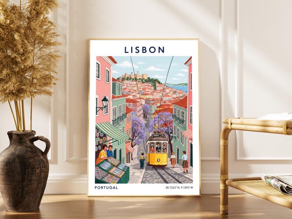 Lisbon Travel Poster Vintage Gouache Portugal Cityscape Art