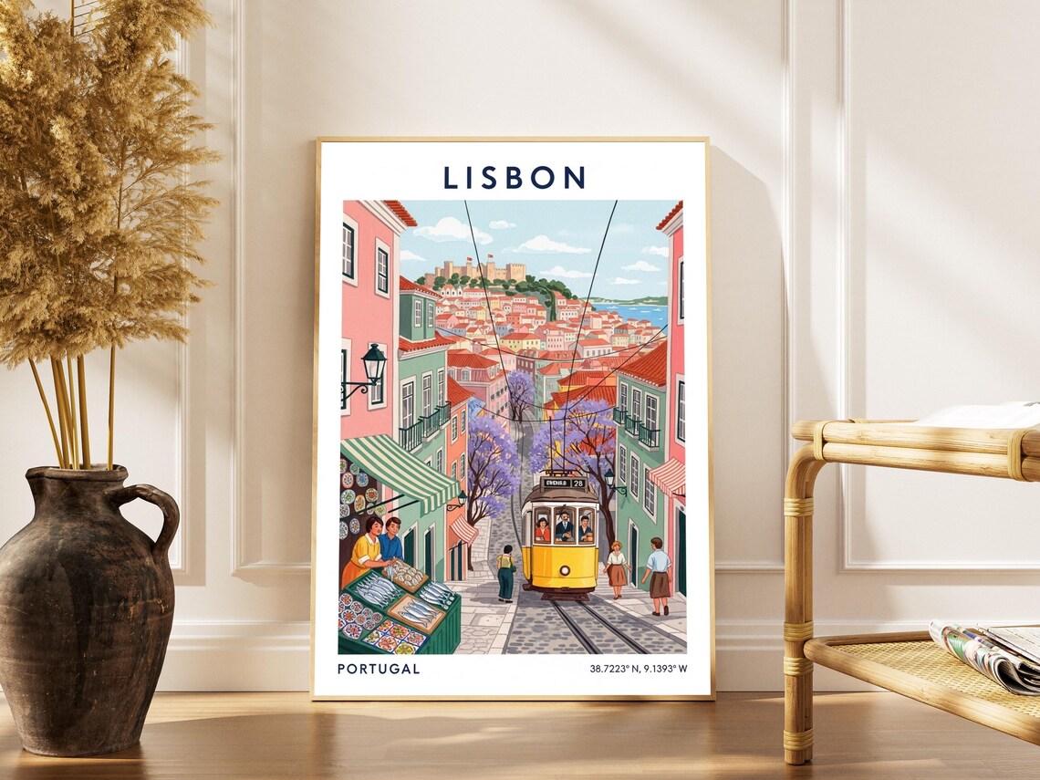 Lisbon Portugal Yellow Tram Street Market Hill Vintage Travel Poster