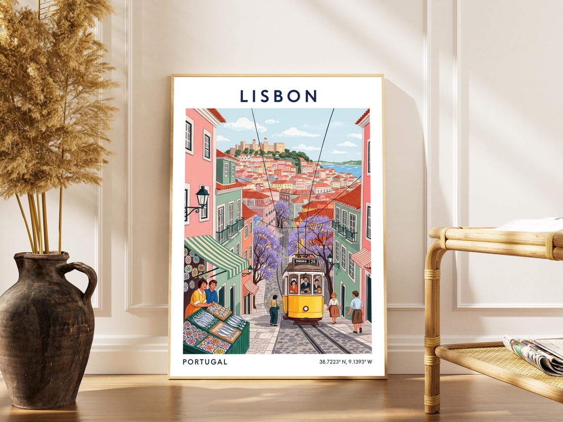 Lisbon Travel Poster Vintage Gouache Portugal Cityscape Art