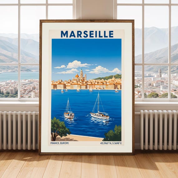 Marseille Harbor Print Vintage Travel Poster Coastal Cityscape Art