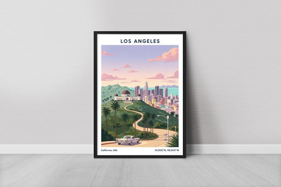 Los Angeles Art Print Vintage Travel Teal Ocean And Cream Sky California