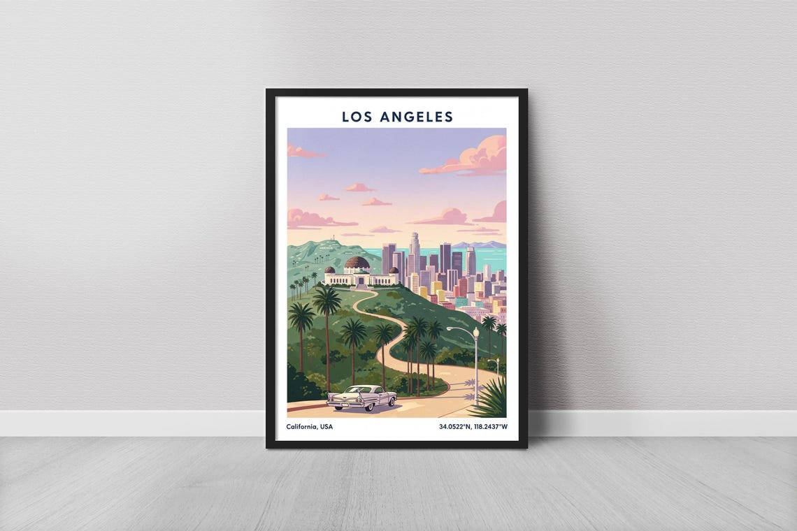 Los Angeles California Griffith Observatory Palm Trees Vintage Poster
