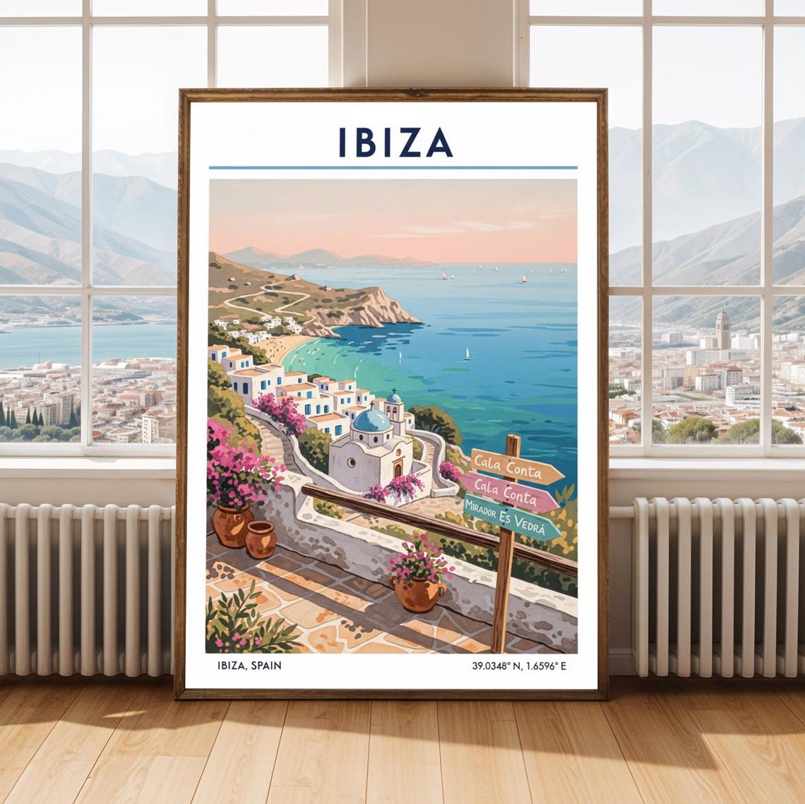 Ibiza Coastal Print Mediterranean Wall Art Blue Teal Illustration