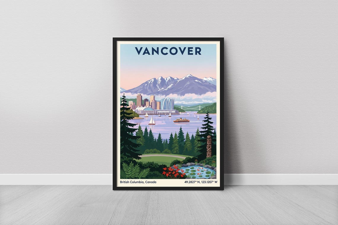 Vancouver British Columbia Skyline Sails Snowy Mountains Travel Poster