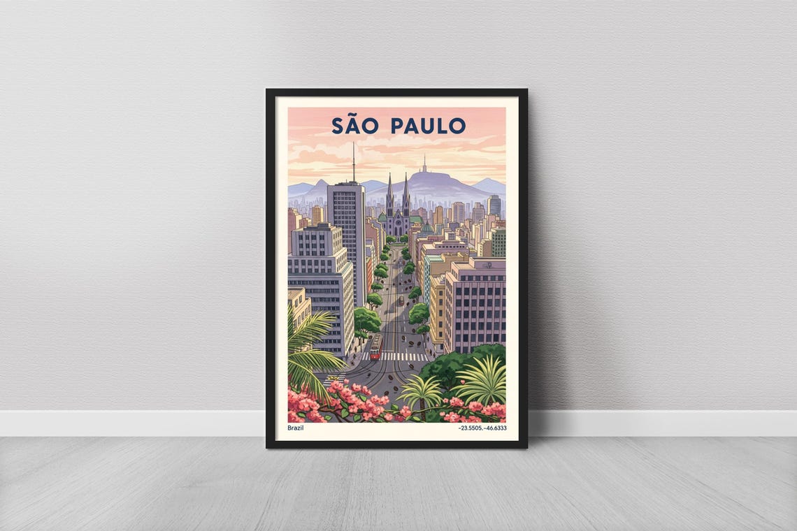 So Paulo Art Print Minimalist Pink Sky And Cream Cityscape