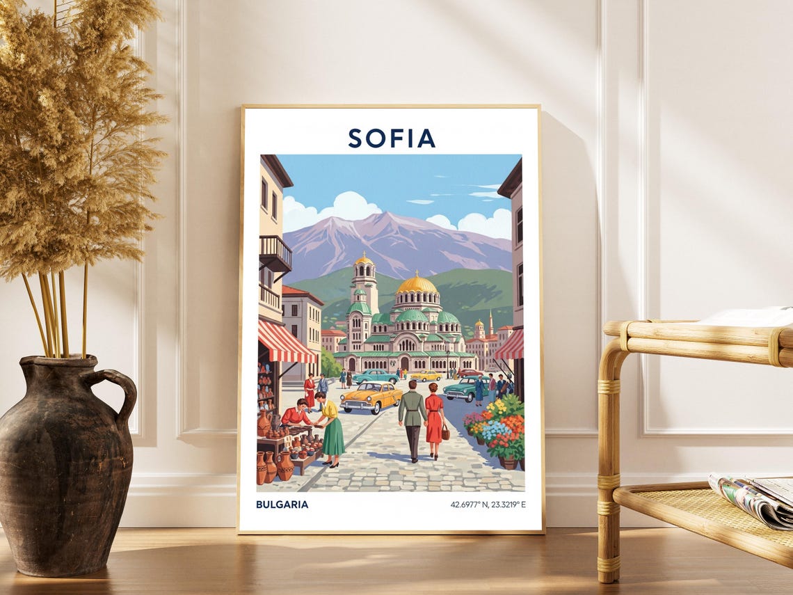 Sofia Bulgaria Vintage Travel Poster with Alexander Nevsky Cathedral