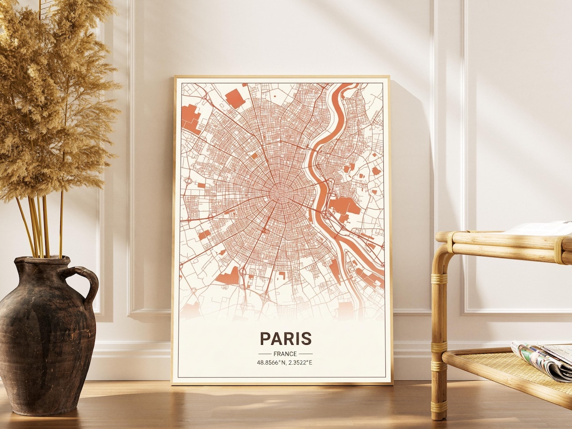 Paris France Terracotta City Map Minimalist Vintage Style Wall Art