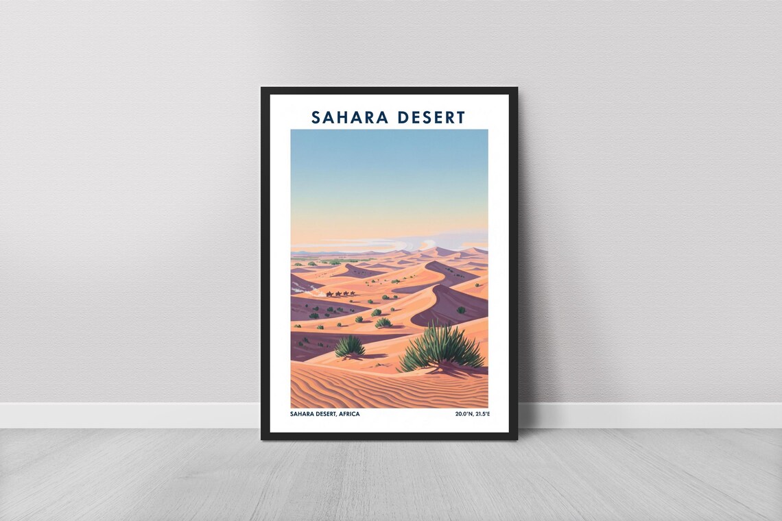 Sahara Desert Travel Poster Sand Dunes Camel Caravan Africa Decor