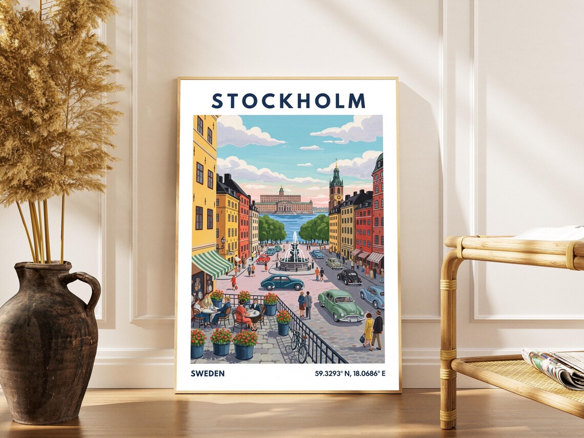 Stockholm Sweden Vintage Travel Art Old Town Waterfront Scene Poster