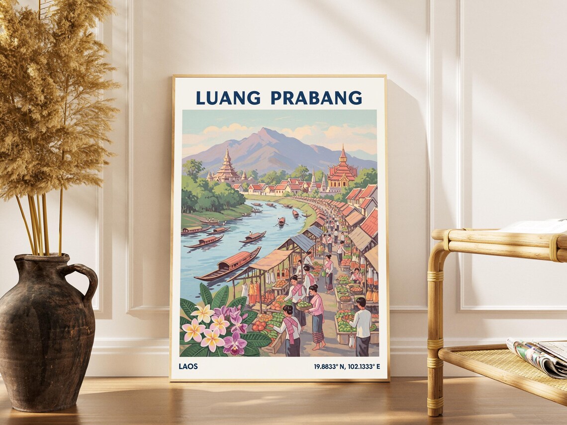 Luang Prabang Laos Riverside Market Temples Vintage Travel Poster