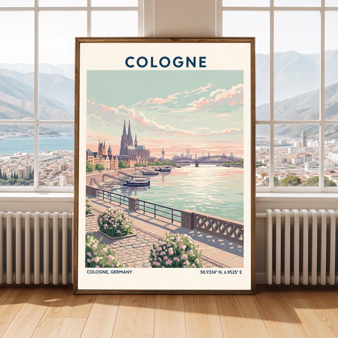 Cologne Germany Cathedral Riverside Vintage Travel Poster Pastel