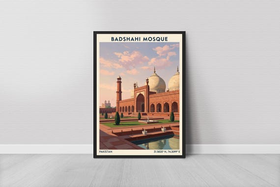 Badshahi Mosque Art Print Vintage Travel Red Brick And Cream Domes Lahore Pakistan