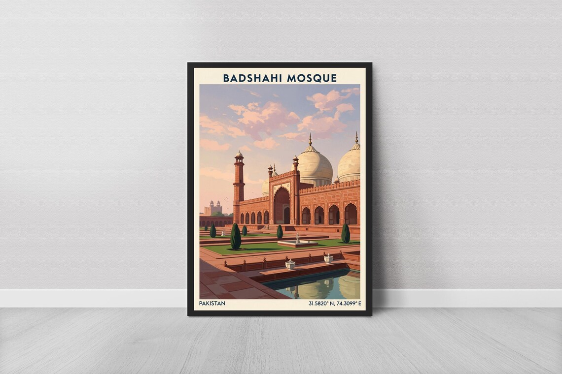 Badshahi Mosque Lahore Pakistan Vintage Travel Poster Domes Art
