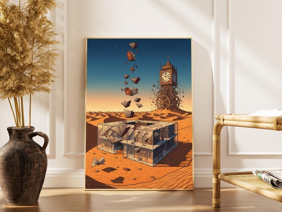 Surreal Desert Library Art Print Floating Books Clock Tower