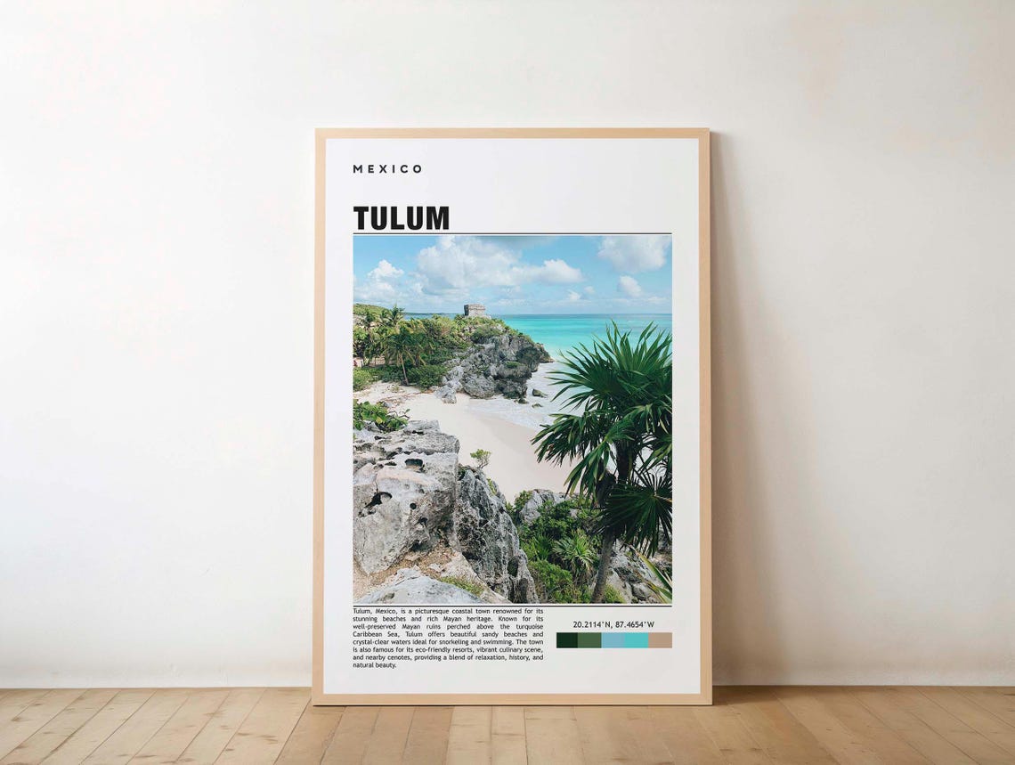 Tulum Mexico Travel Poster with Ancient Mayan Ruins Cliffside Beach