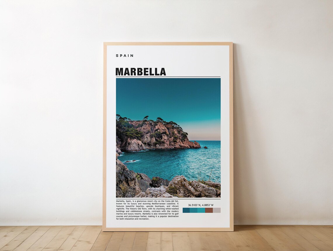 Marbella Spain Travel Poster Rocky Coastline Mediterranean Sea View