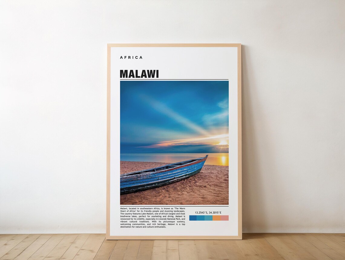 Malawi Lake Sunset Wooden Fishing Boat Beach Africa Travel Poster